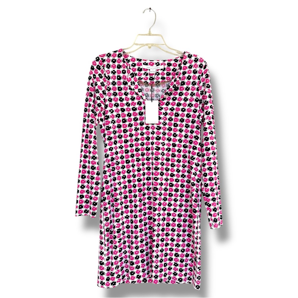 NWT Diane von Furstenberg Reina “Check Dot Pink” Long Sleeve Shift Dress Size 6 - Picture 2 of 14
